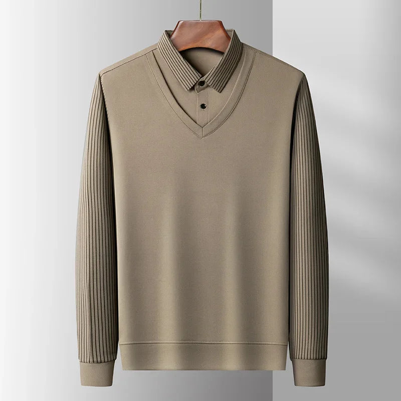 2025 New Men's Casual and Fashionable Long Sleeved Solid Color Fake Two-piece Polo Shirt Business All Season Versatile Top