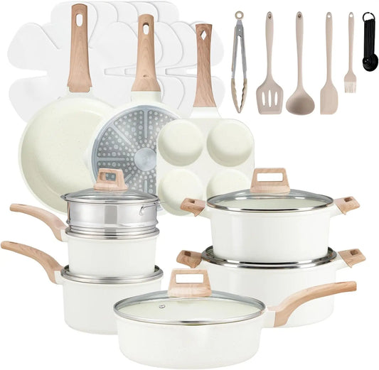 Pots and Pans Set Non Stick, 25-Piece Induction Kitchen Cookware, Stackable RV Cookware with Removable Handle, White