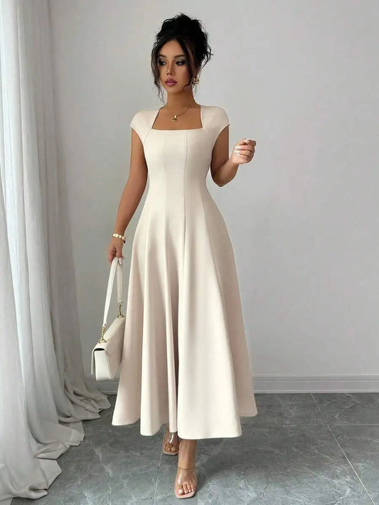 Elegant Square Neck A Line Midi Dress For Spring Summer