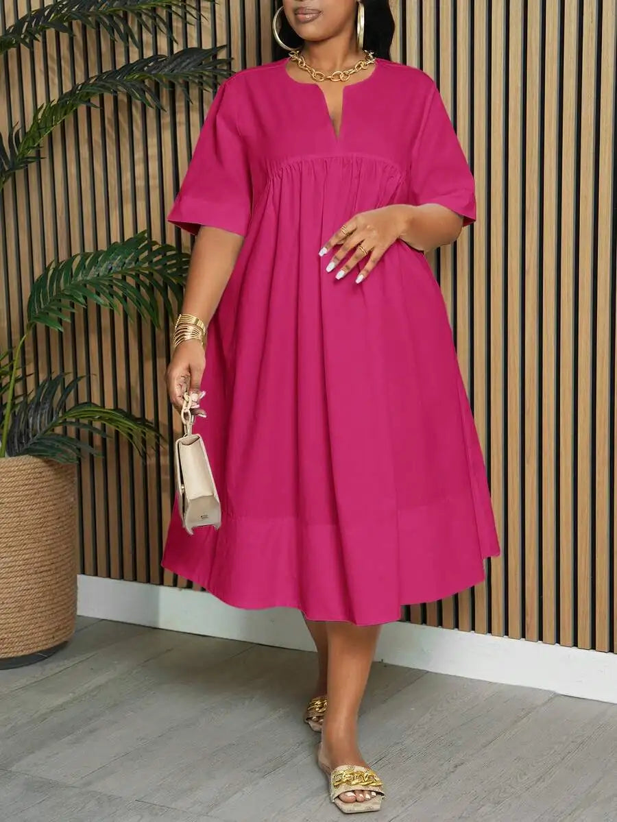 White Plus Size A-Line Knee Length Dress with Notch Neck and Short Sleeves