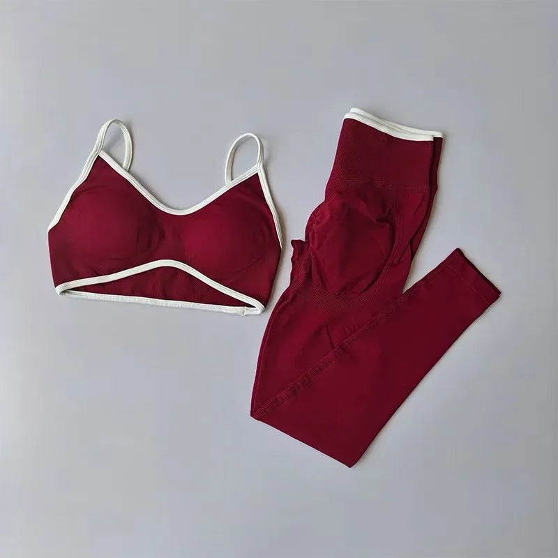 Women's Fitness Suit, Strappy Contrast Color Patchwork Sports Shockproof Slimming Quick-Dry Nude Feel Pants, Yoga Wear