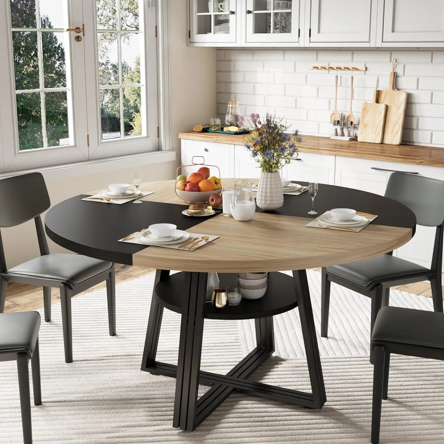 [ TABLE ONLY ] Round Dining Table for 4-6, 42" Farmhouse Kitchen Table with Storage, Circle Dinner Tables for Kitchen, Dining Ro