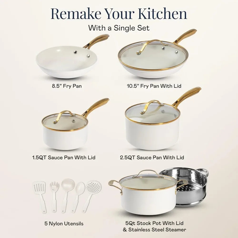 New style 15 Pc Ceramic Cookware Set, Ceramic Pots and Pans Set Non Stick with Cooking Utensils and Steamer, Non Toxic