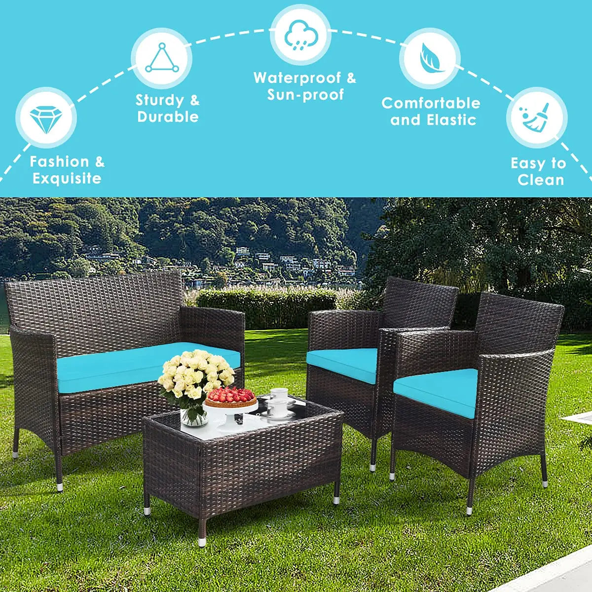 4-Piece Rattan Patio Set, Outdoor/Indoor Wicker Conversation Set for Pool, Backyard, Lawn, Wicker Chairs and Sofa, Customized