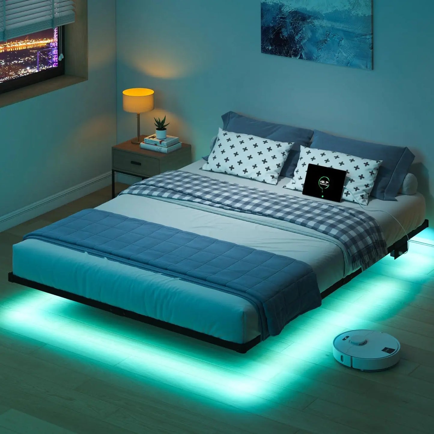 Floating Queen Bed Frame With LED Lights And Charging Station