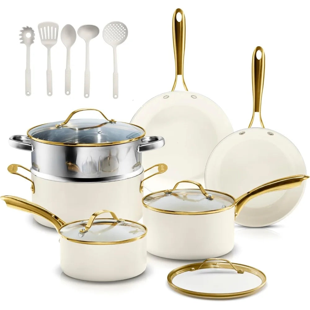 New style 15 Pc Ceramic Cookware Set, Ceramic Pots and Pans Set Non Stick with Cooking Utensils and Steamer, Non Toxic