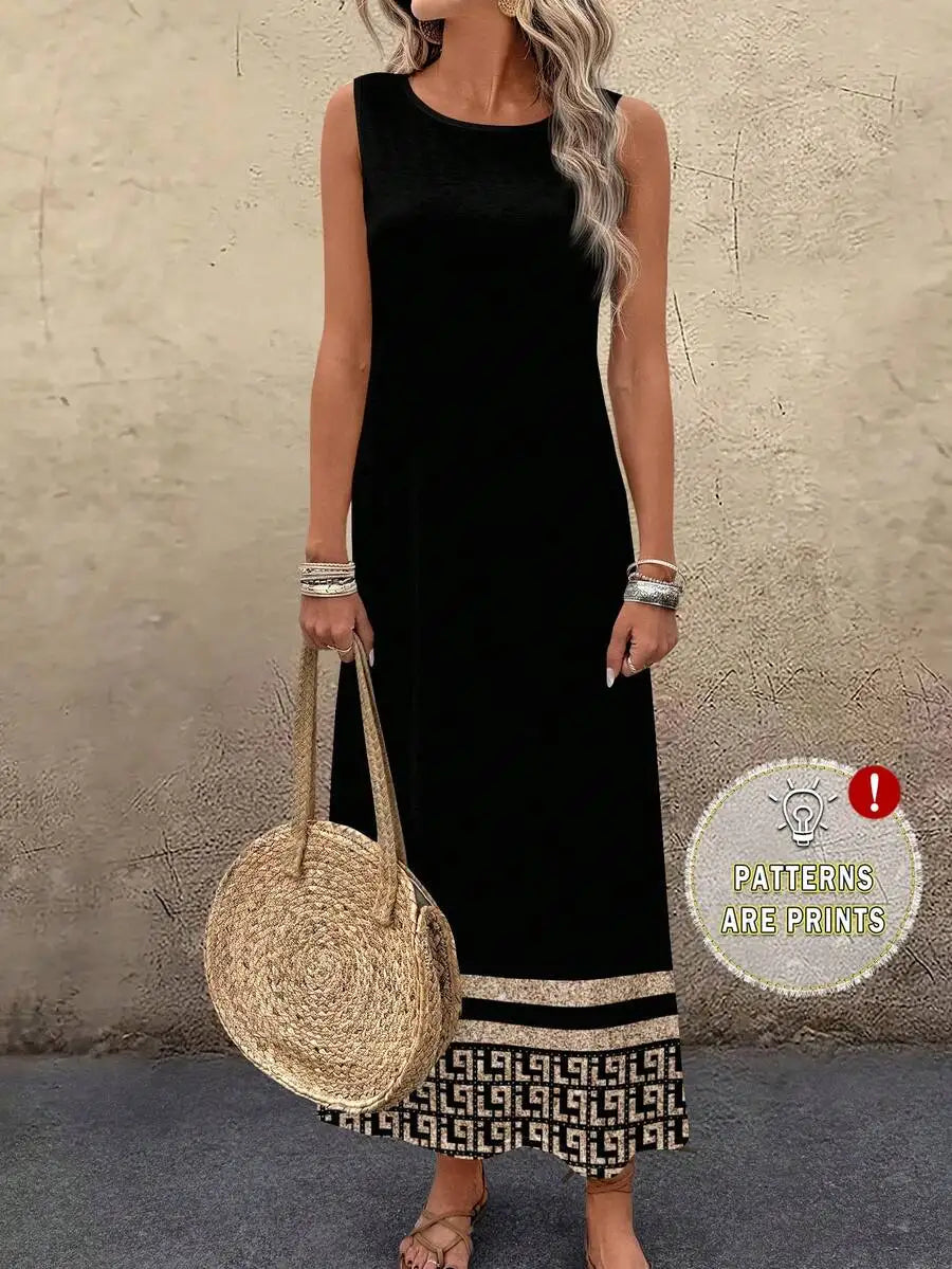 Black Sleeveless Midi Dress with Geometric Print Hem, Loose Fit for Summer Casual Wear