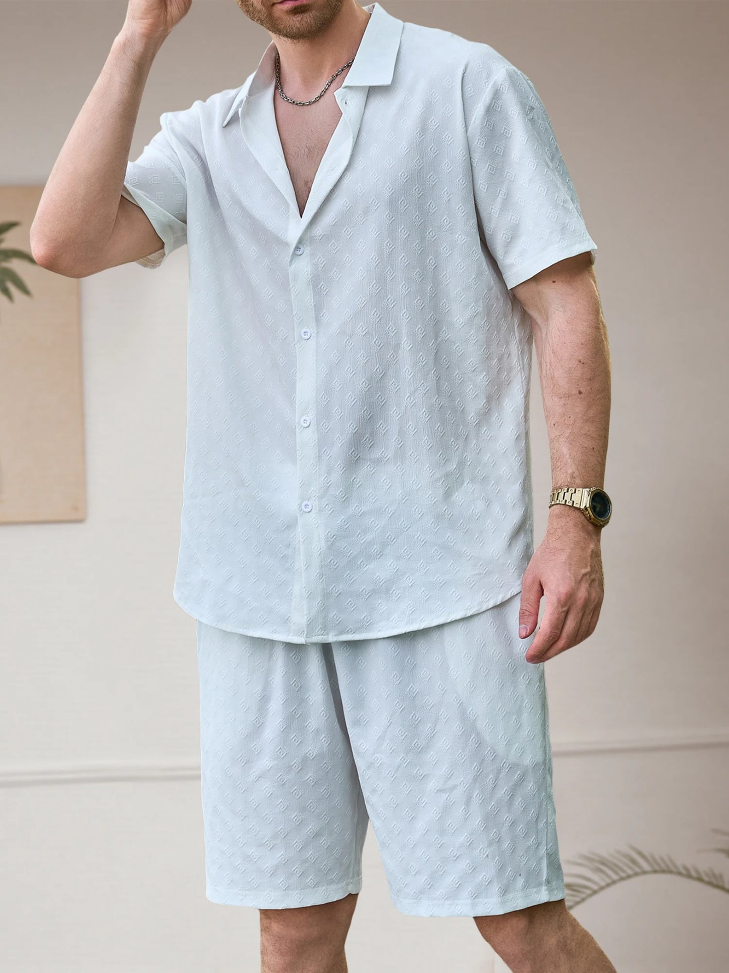 Casual Men s Summer Outfit Stylish Solid Color Jacquard Short Sleeve Shirt and Elastic Beach Shorts for Streetwear Fashion