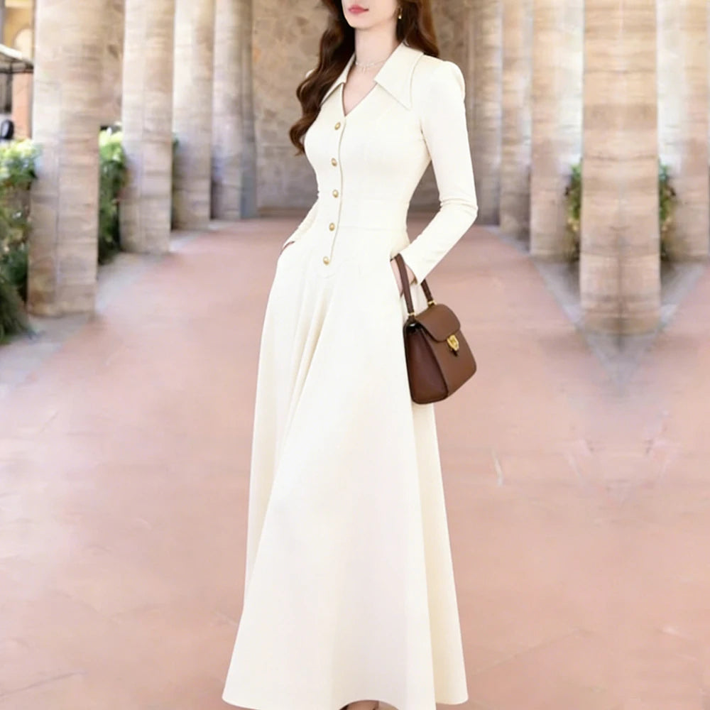 women's dress New French Floor Length Long Dress With Cinched Waist Slimming Female Fashion Long Sleeve Luxury Evening Dress