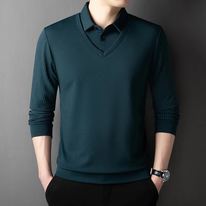 2025 New Men's Casual and Fashionable Long Sleeved Solid Color Fake Two-piece Polo Shirt Business All Season Versatile Top
