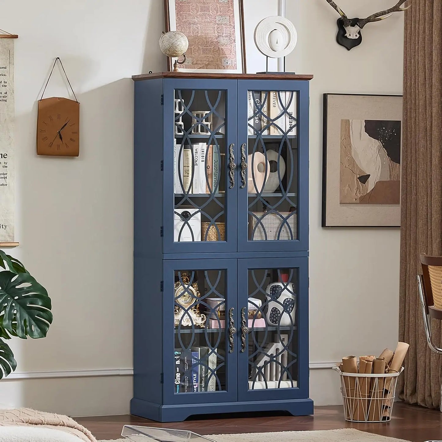 Vintage Wood Pantry Cabinet Set of 2 67 Inch Tall Kitchen Storage with Glass Doors And Adjustable Shelves Customizable