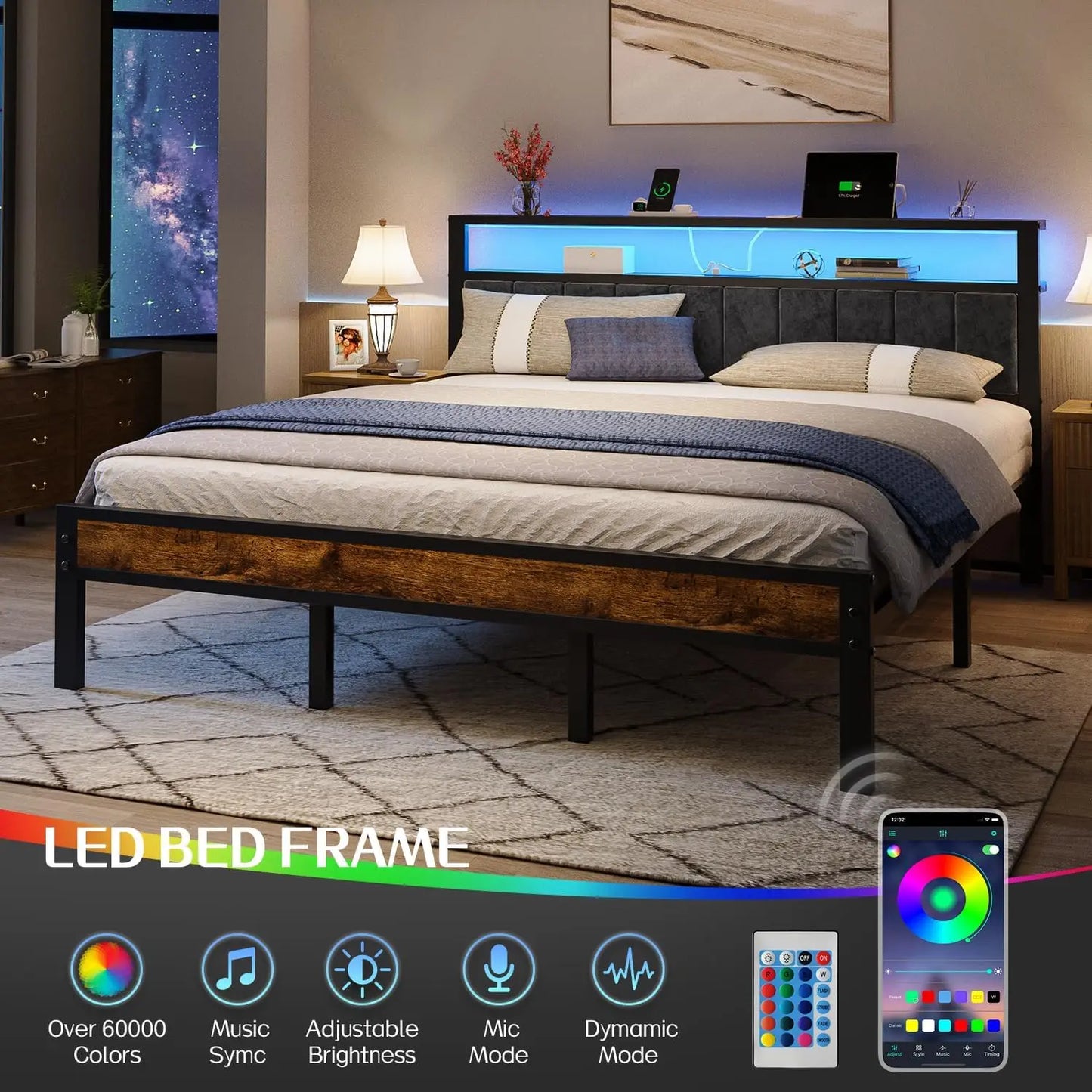 LED Platform Bed Frame With Upholstered Headboard, Storage, Charging Station