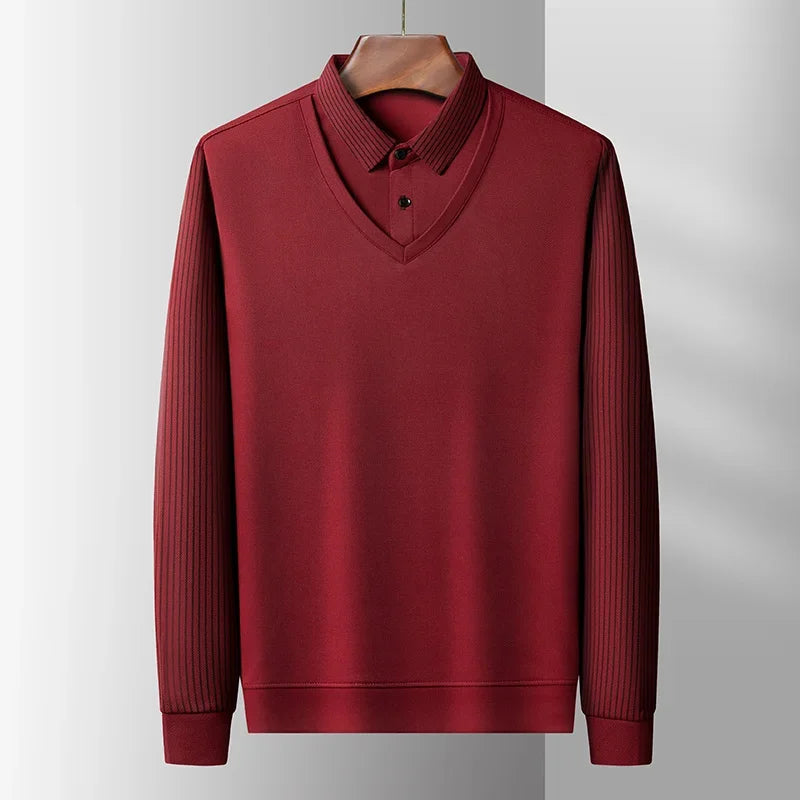 2025 New Men's Casual and Fashionable Long Sleeved Solid Color Fake Two-piece Polo Shirt Business All Season Versatile Top