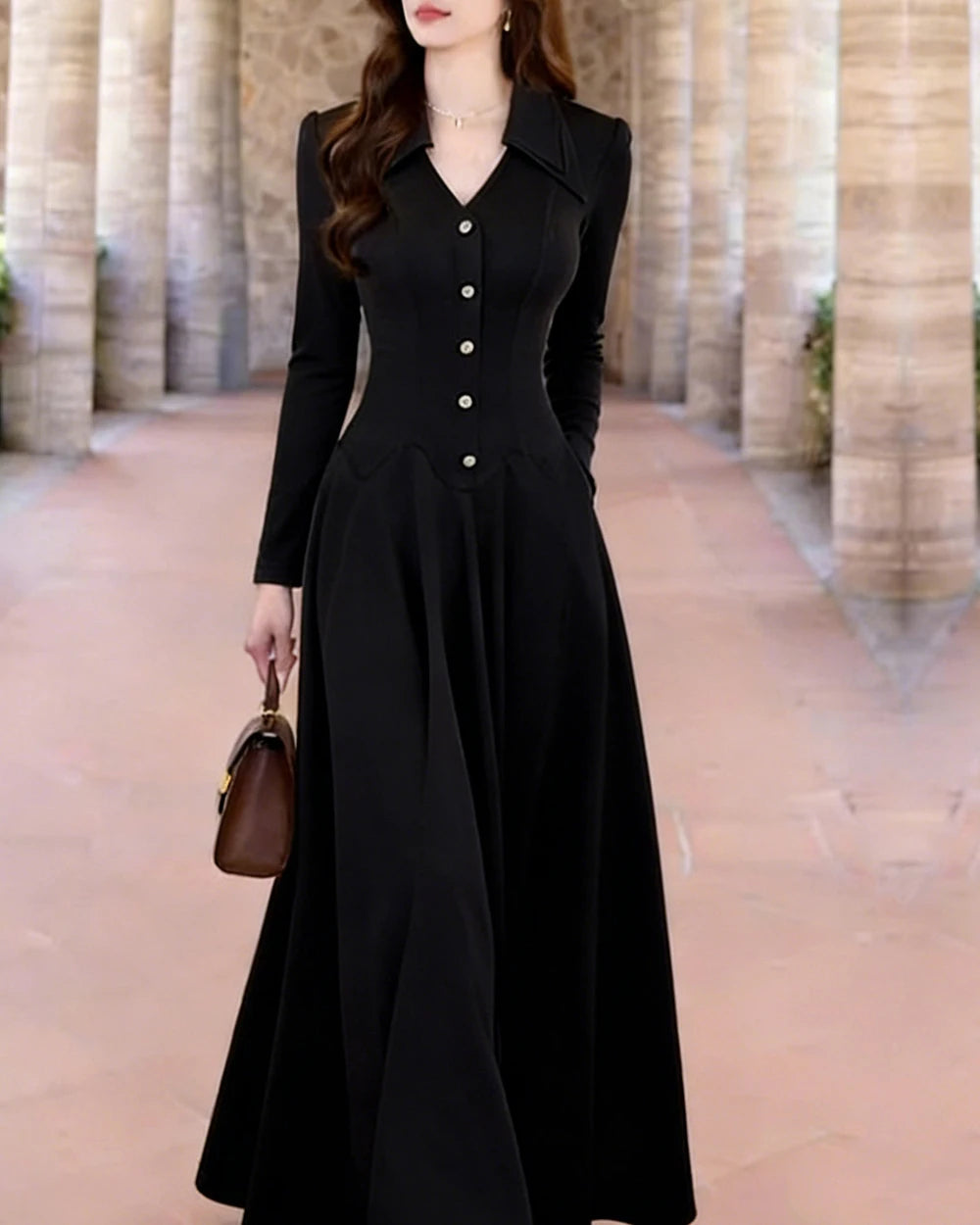 women's dress New French Floor Length Long Dress With Cinched Waist Slimming Female Fashion Long Sleeve Luxury Evening Dress