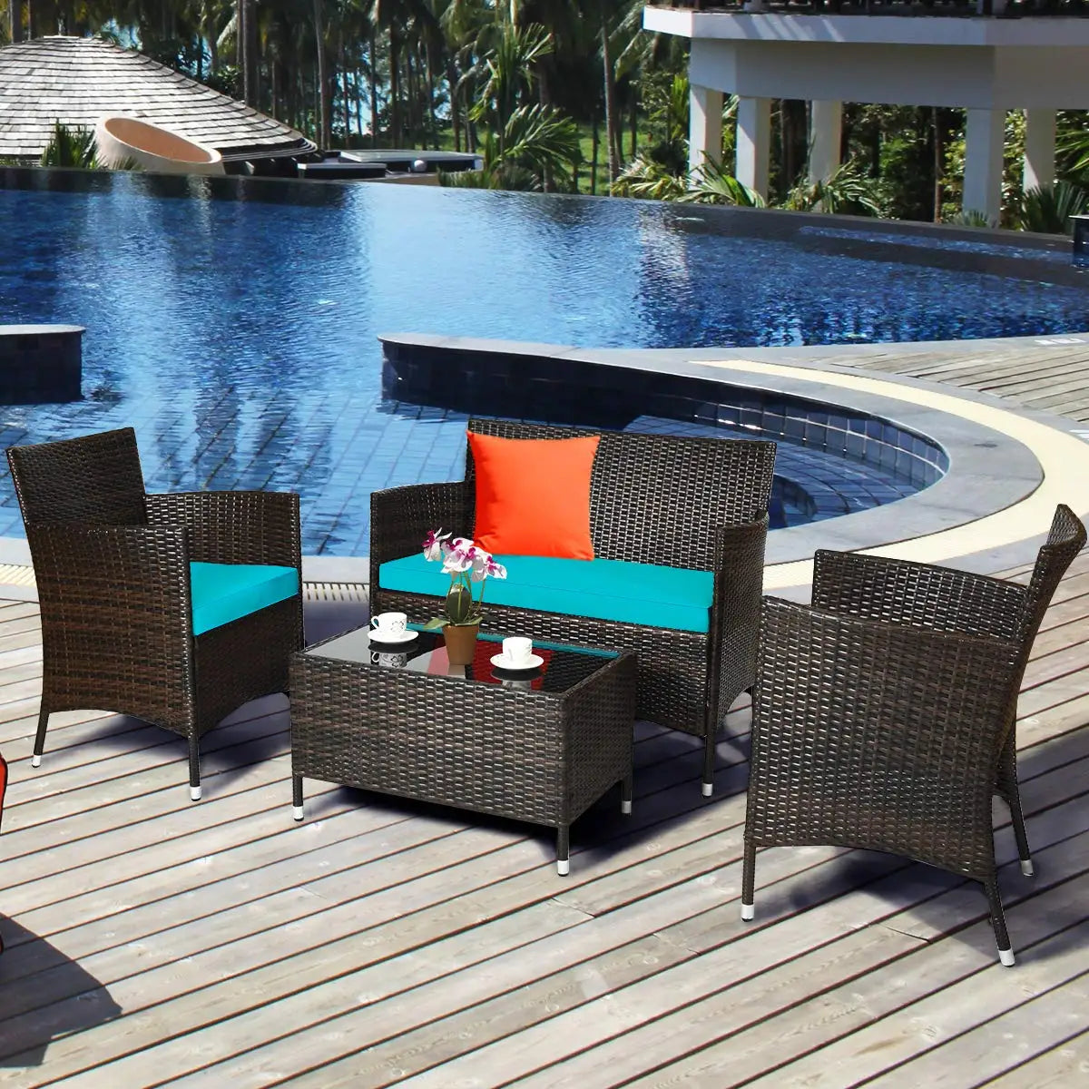 4-Piece Rattan Patio Set, Outdoor/Indoor Wicker Conversation Set for Pool, Backyard, Lawn, Wicker Chairs and Sofa, Customized