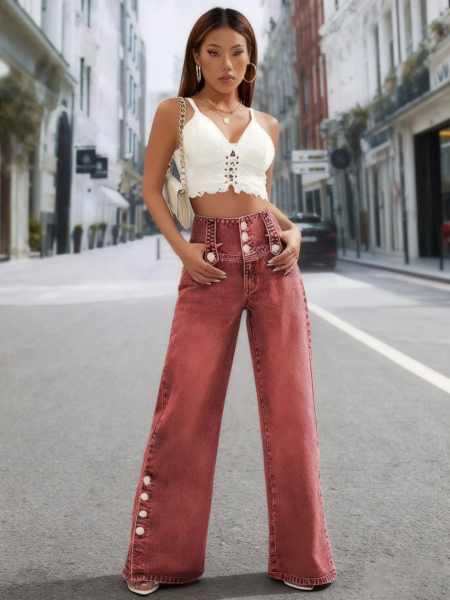 Ladies' vintage red-brown wide-leg jeans. Multiple buttons, slightly stretchy, mid-rise, casual and fashionable denim trousers.