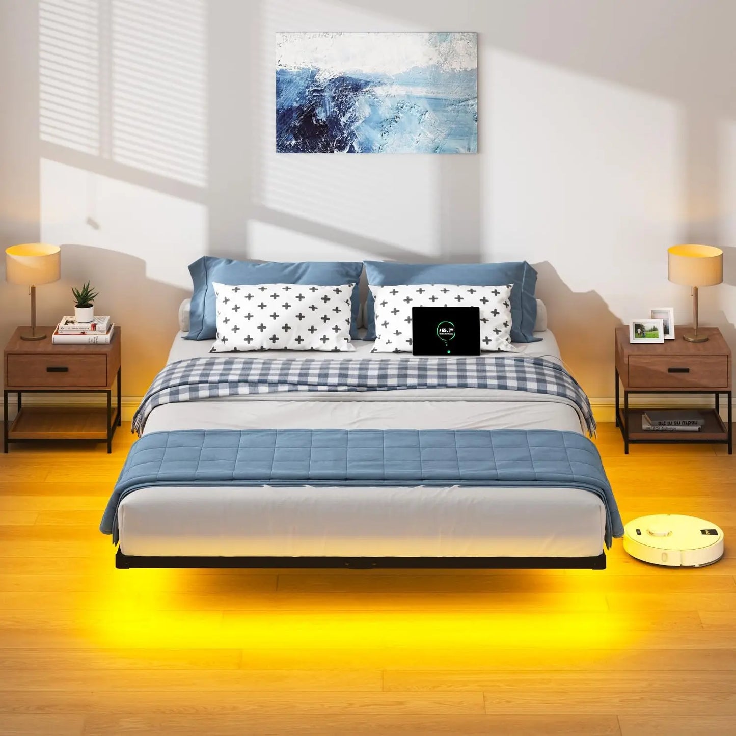 Floating Queen Bed Frame With LED Lights And Charging Station