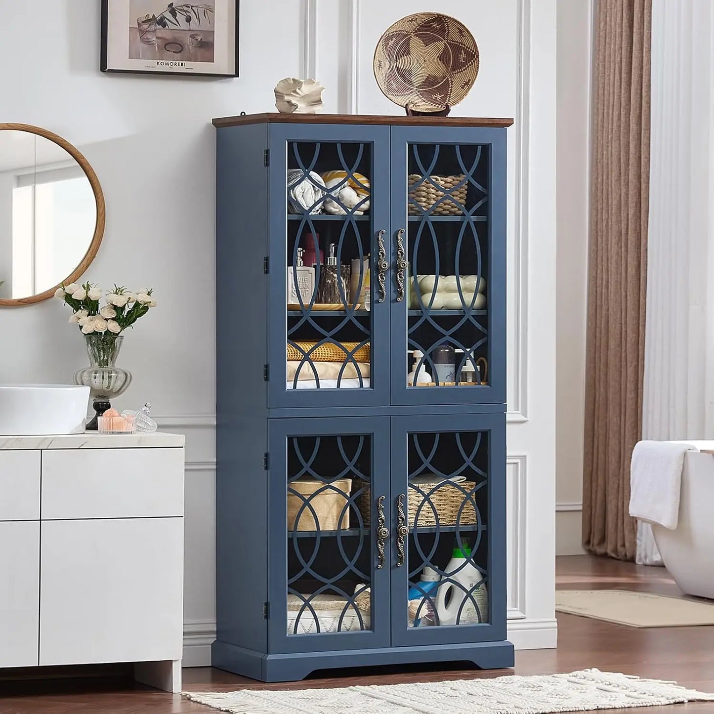 Vintage Wood Pantry Cabinet Set of 2 67 Inch Tall Kitchen Storage with Glass Doors And Adjustable Shelves Customizable