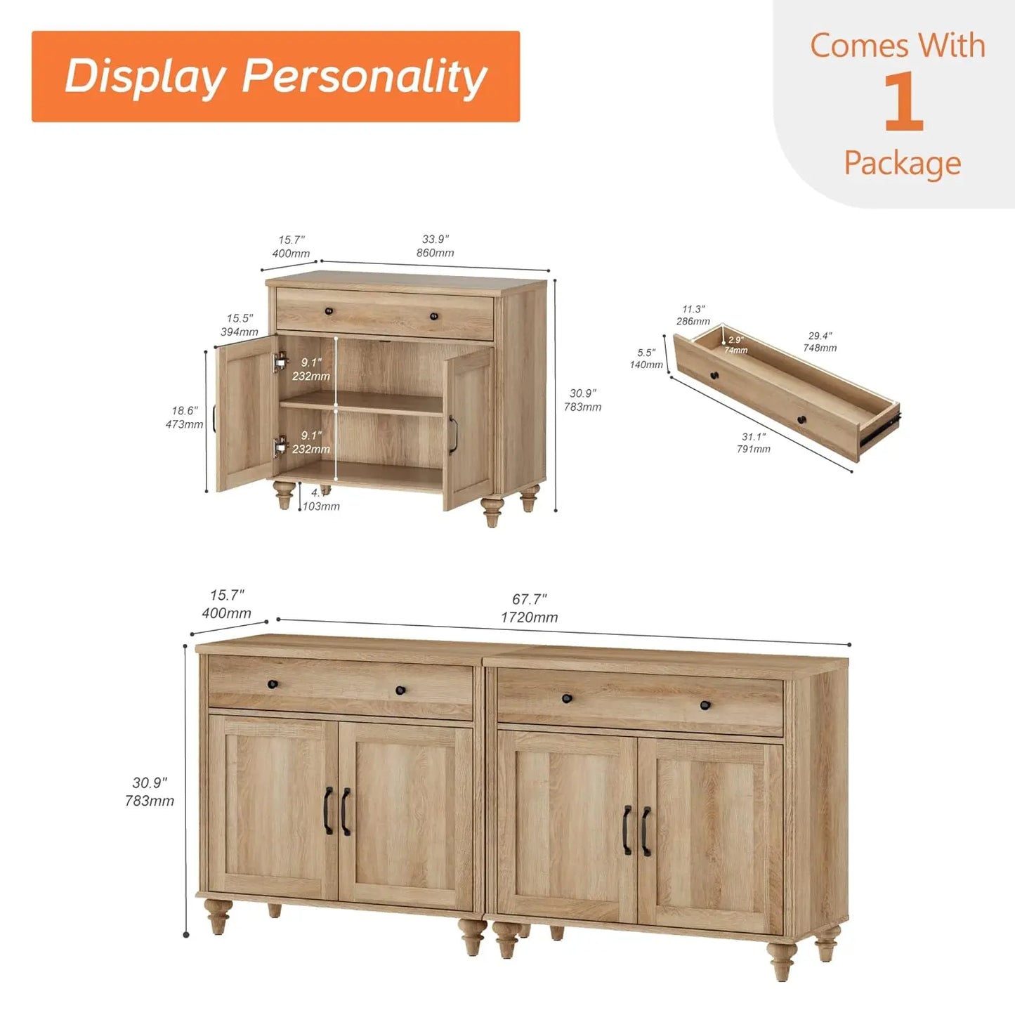 WAMAPT Large Buffet Cabinet with 4 Doors And 2 Drawers Wood Coffee Bar Table Kitchen Storage Cabinet Customized