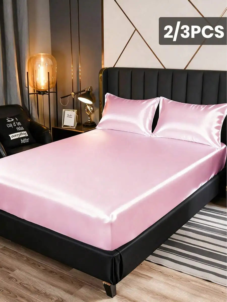 2/3pcs Satin Fitted Sheet Set with Pillowcases, Solid Color, Deep Pocket, Soft & Cool Touch for Queen/King Bed