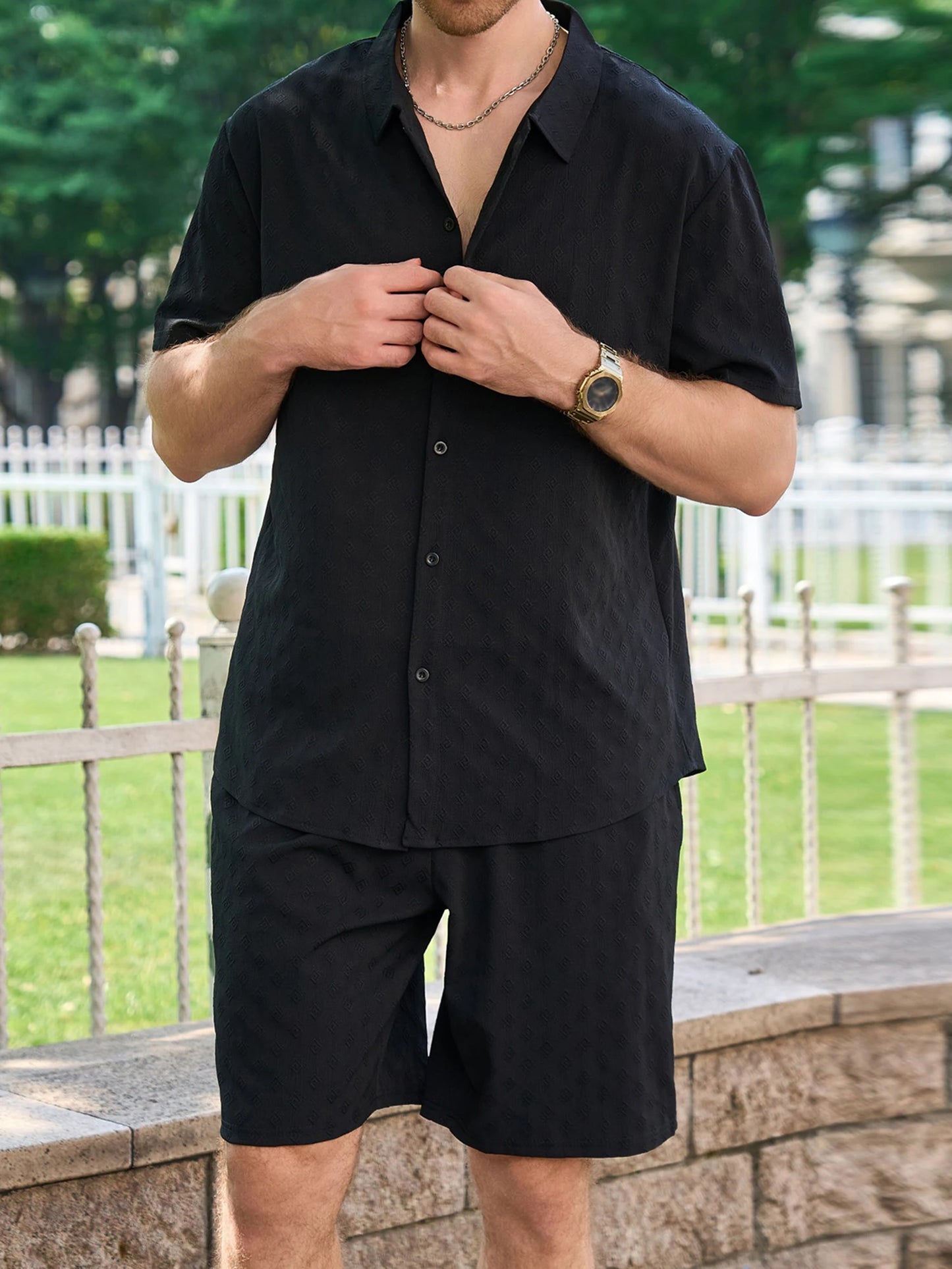 Casual Men s Summer Outfit Stylish Solid Color Jacquard Short Sleeve Shirt and Elastic Beach Shorts for Streetwear Fashion