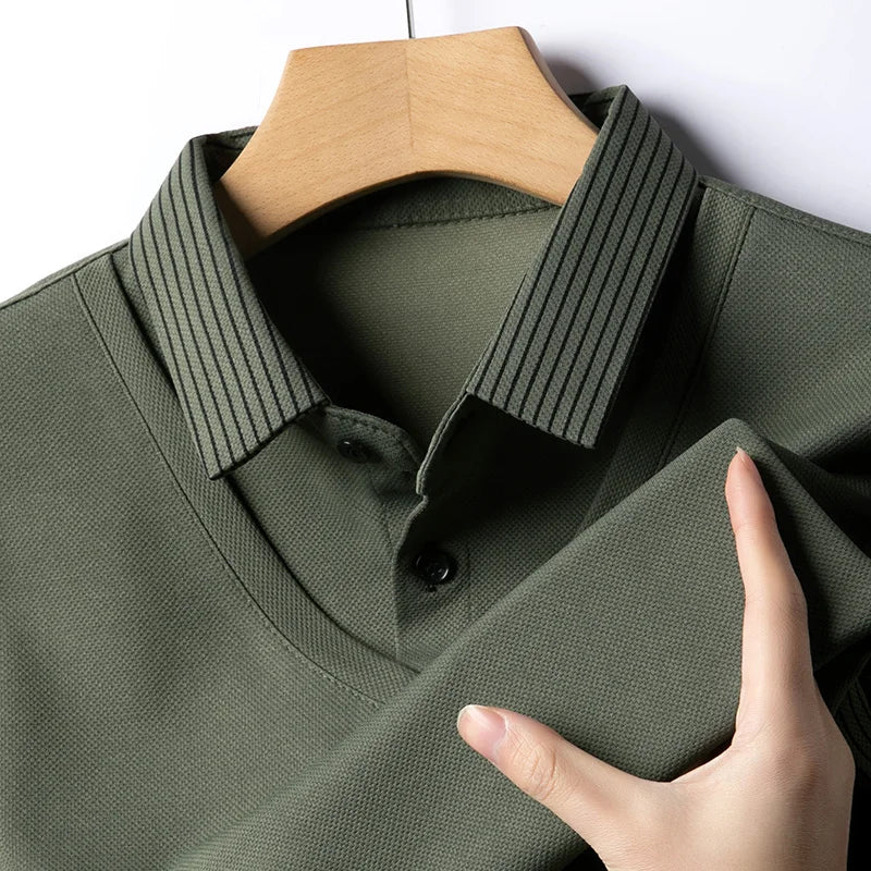 2025 New Men's Casual and Fashionable Long Sleeved Solid Color Fake Two-piece Polo Shirt Business All Season Versatile Top