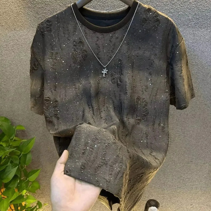 Mens Rhinestone Rivet Round Neck Short Sleeve Tee Casual
