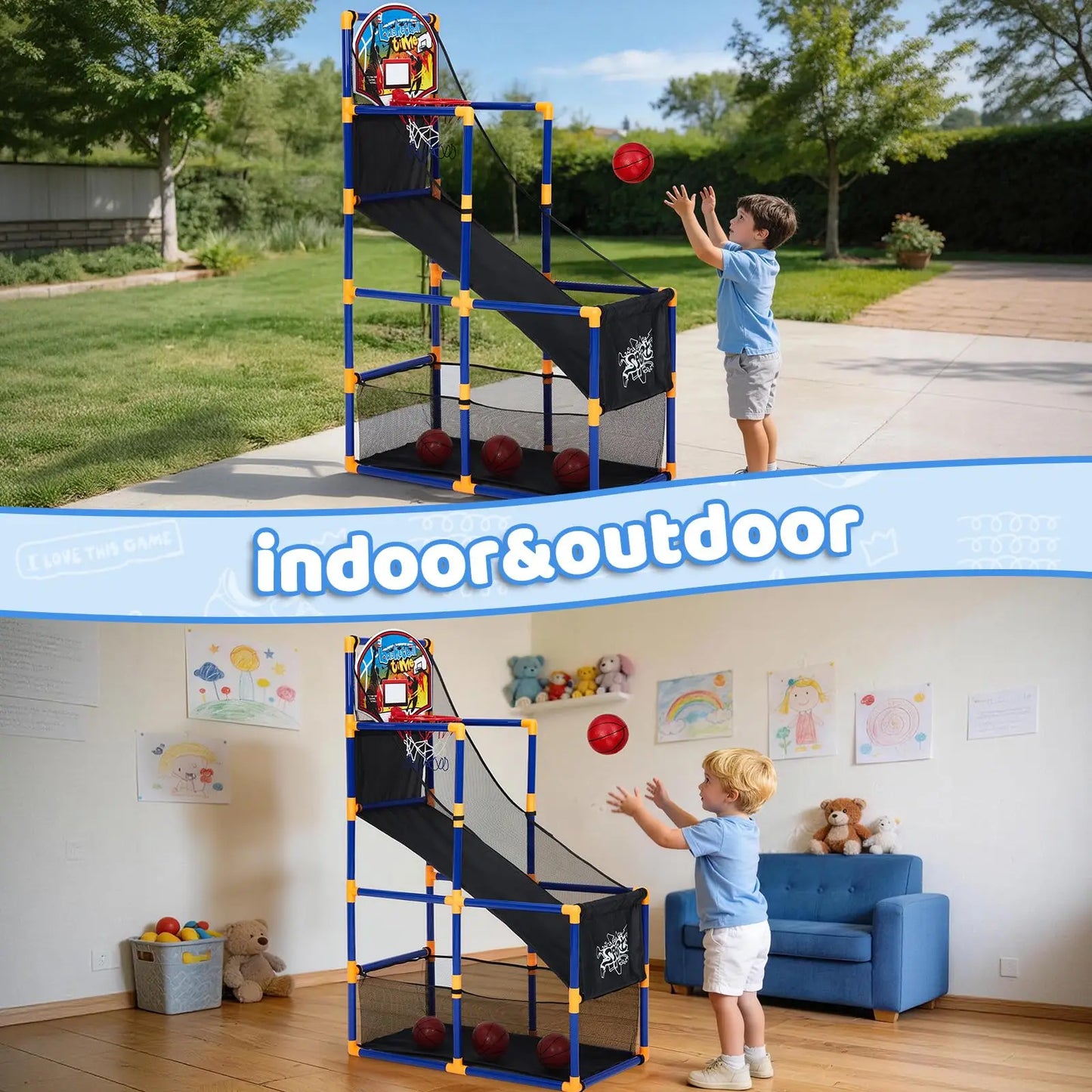 Kids Basketball Arcade Game Set With Ball Return Ramp, Adjustable Indoor Outdoor Hoop Toy With 4 Balls For Boys Girls Age 3-6
