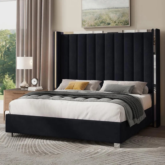 Velvet Upholstered Platform Bed Frame With Chrome Accents