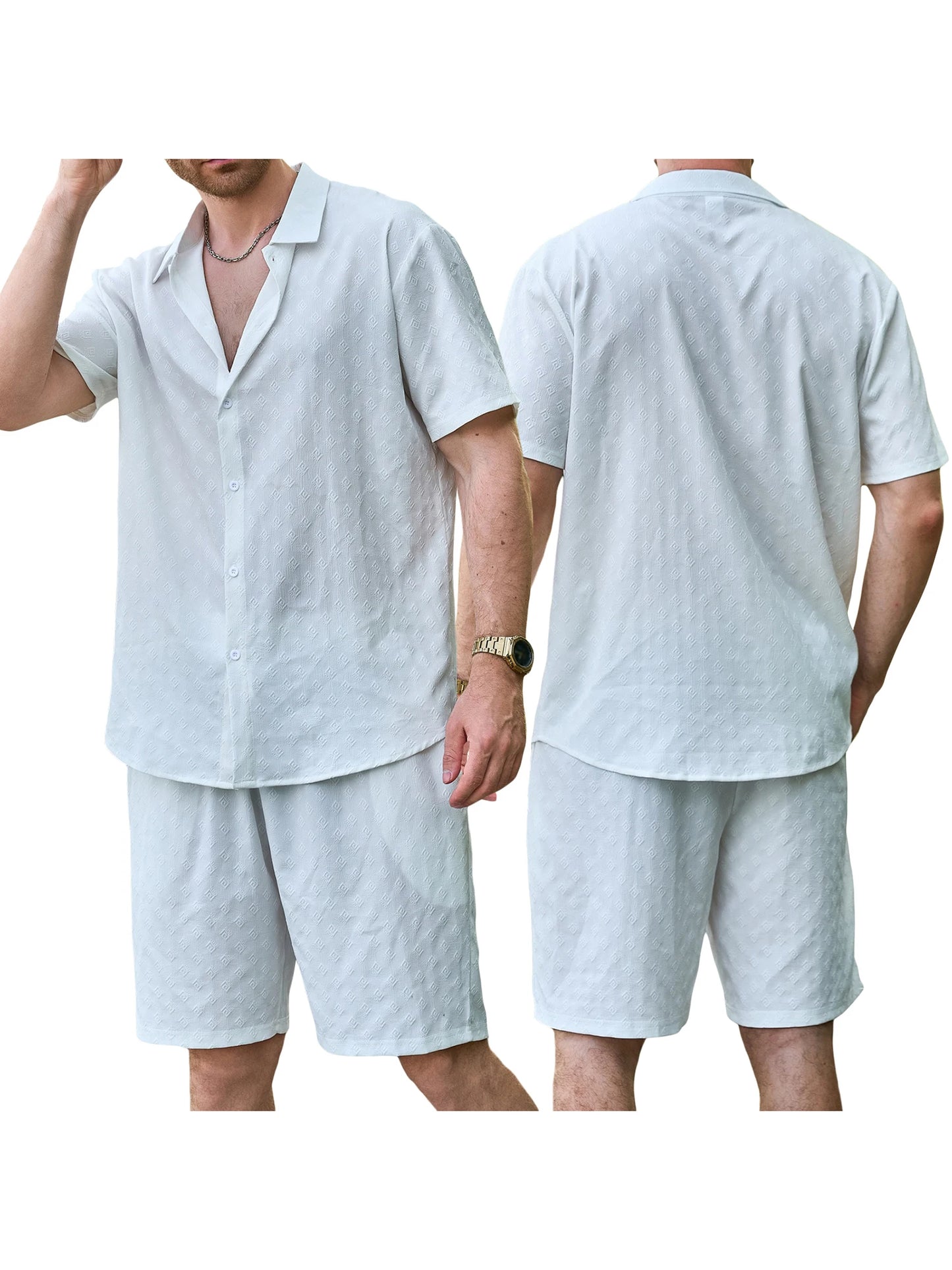 Casual Men s Summer Outfit Stylish Solid Color Jacquard Short Sleeve Shirt and Elastic Beach Shorts for Streetwear Fashion
