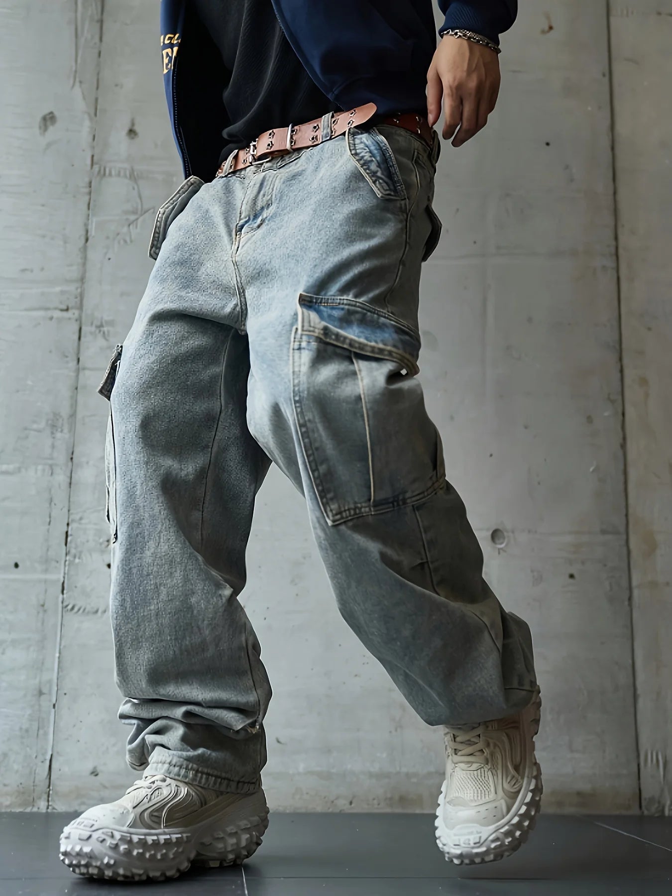 Men's multi pocket denim work pants straight leg denim pants