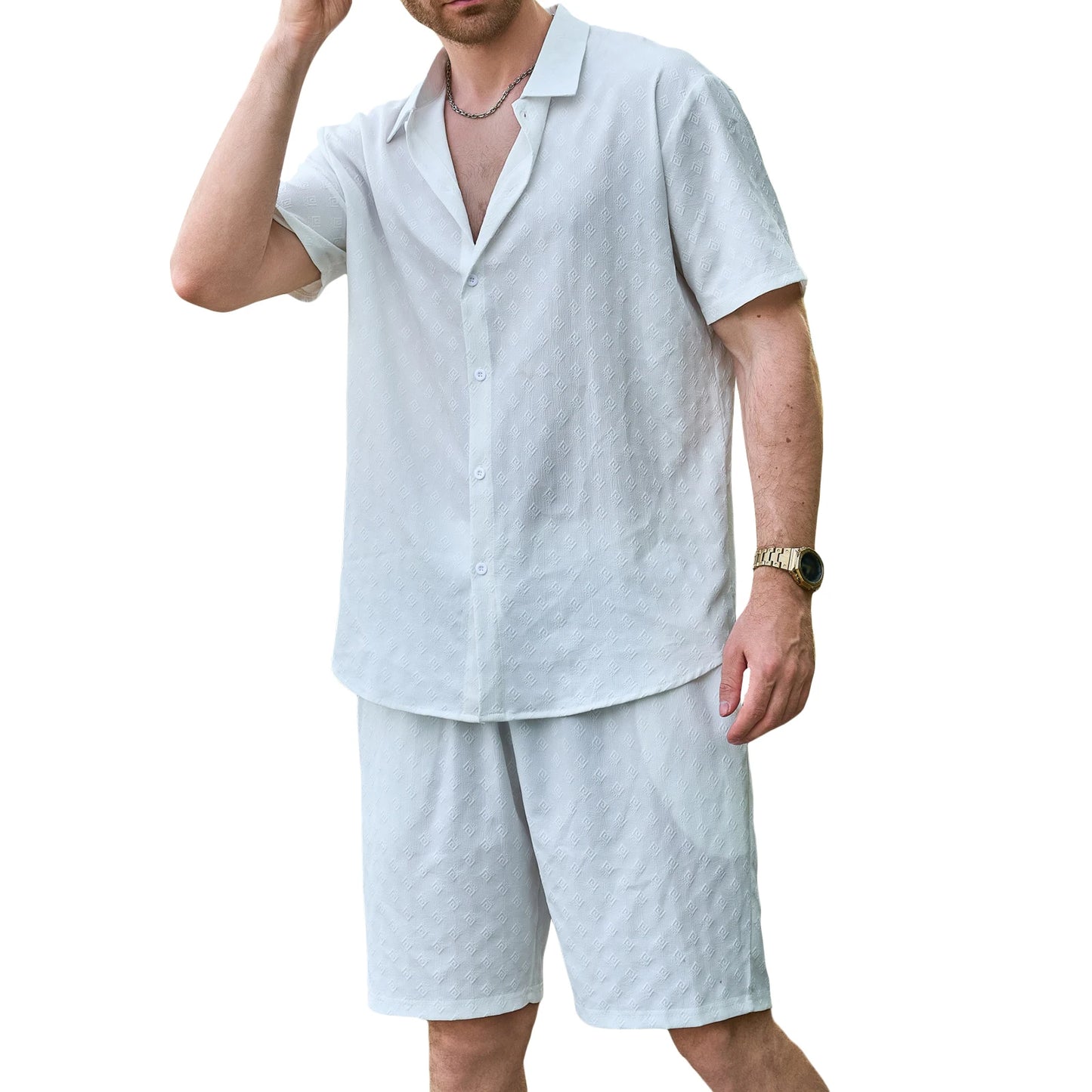 Casual Men s Summer Outfit Stylish Solid Color Jacquard Short Sleeve Shirt and Elastic Beach Shorts for Streetwear Fashion