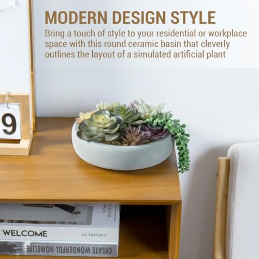 8 Inch Round Modern Artificial Succulent Arrangement Potted in Gray Concrete Plant Bowl Assorted Faux Mini Succulents in a Deco
