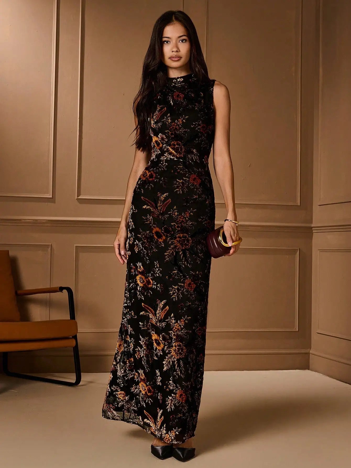 Women's Floral Jacquard Sleeveless Stand Collar Dress