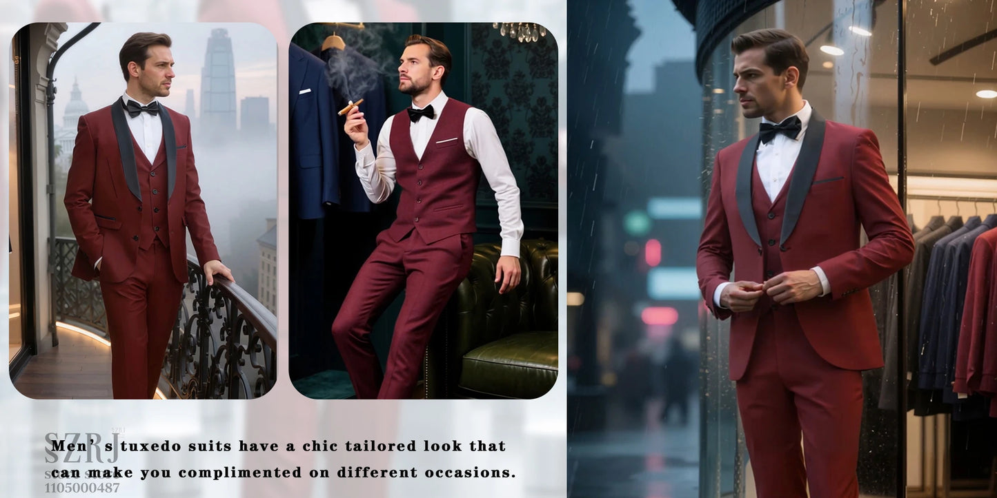 4pcs Men's Suit: Blazer, Vest, Pants, Black Tie.  One Button, Plain Color Tuxedo. Regular Fit. For Wedding, Groomsman Attire.