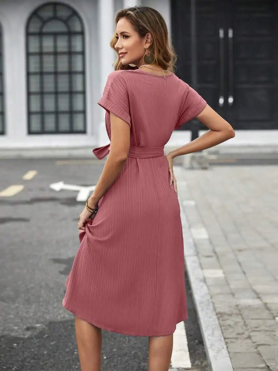 V-Neck Wrap Midi Dress with Self Belt, Short Sleeve, Solid Color, A-Line Fit