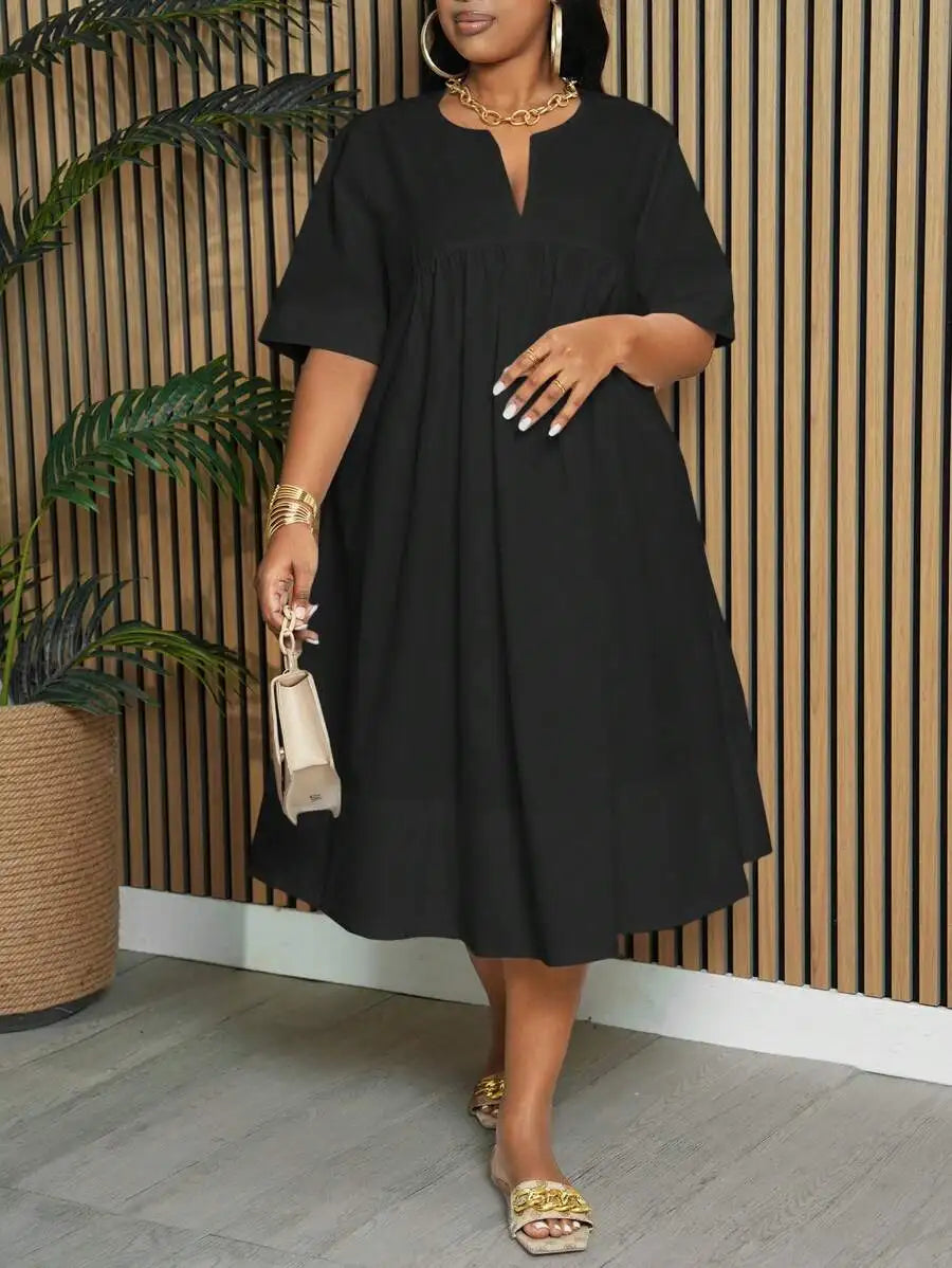 White Plus Size A-Line Knee Length Dress with Notch Neck and Short Sleeves