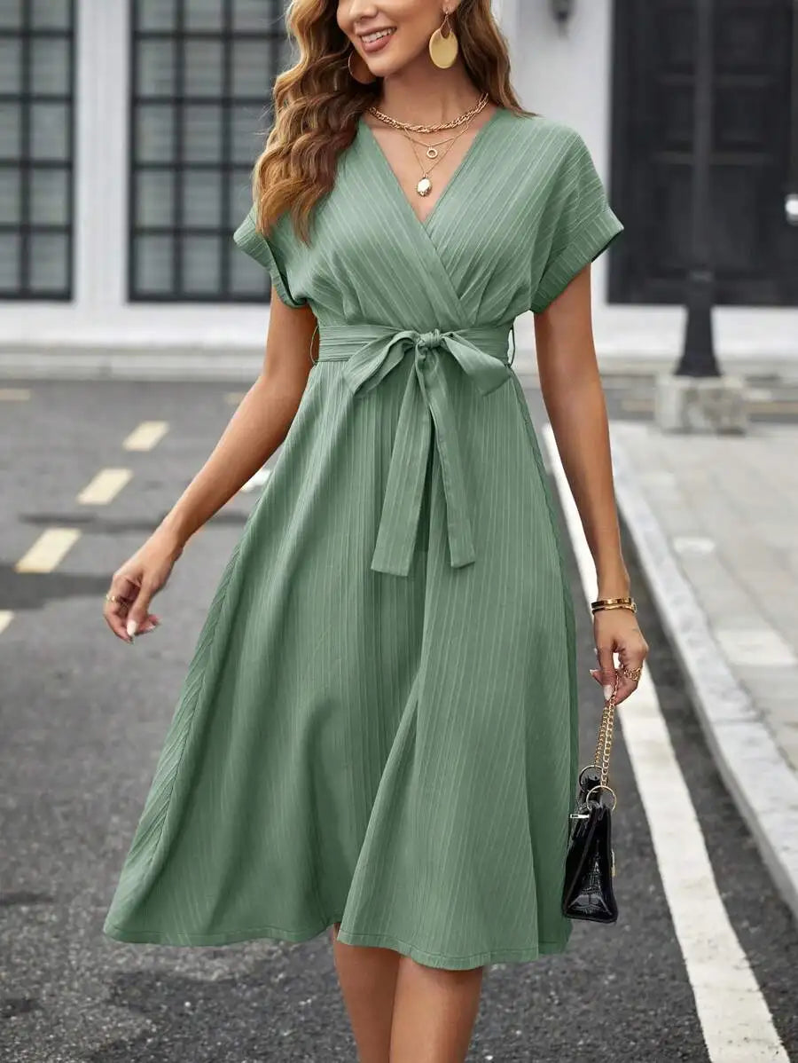 V-Neck Wrap Midi Dress with Self Belt, Short Sleeve, Solid Color, A-Line Fit