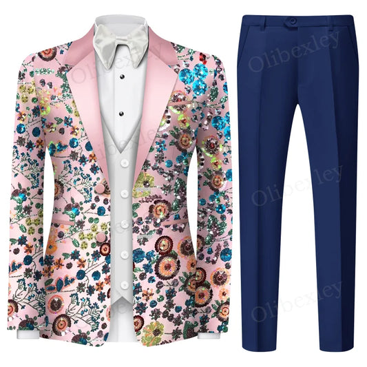 Customized Sequined Men's 2 piece suit High Quality One button Slim Fit Pink Tuxedos Suitable Weddings Groom Business Dinner