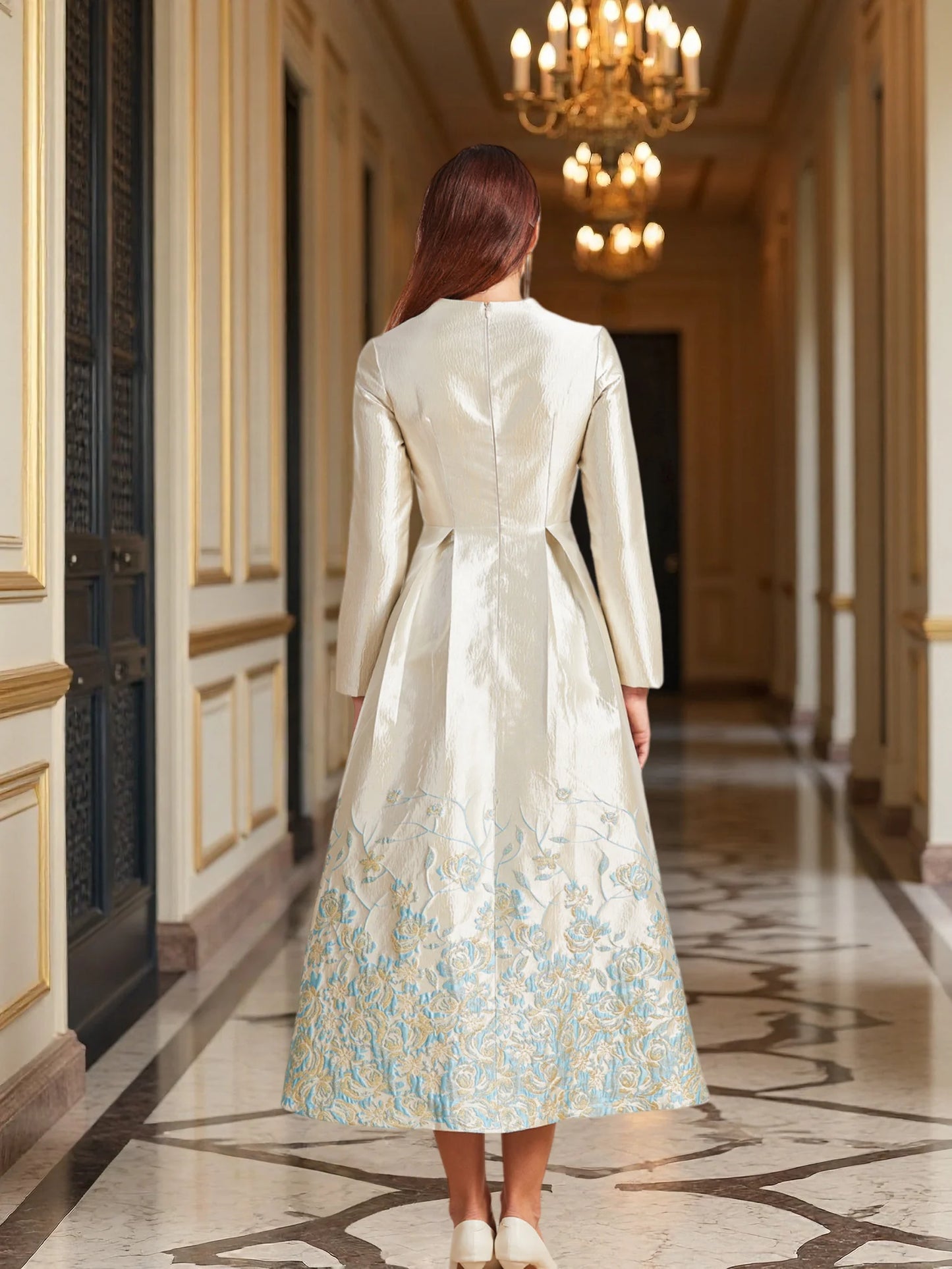 New Plus Size Slimming Dress - Champagne Gold Gradient Jacquard Stand-Collar Long Sleeve Tummy-Control Flared Evening Gown