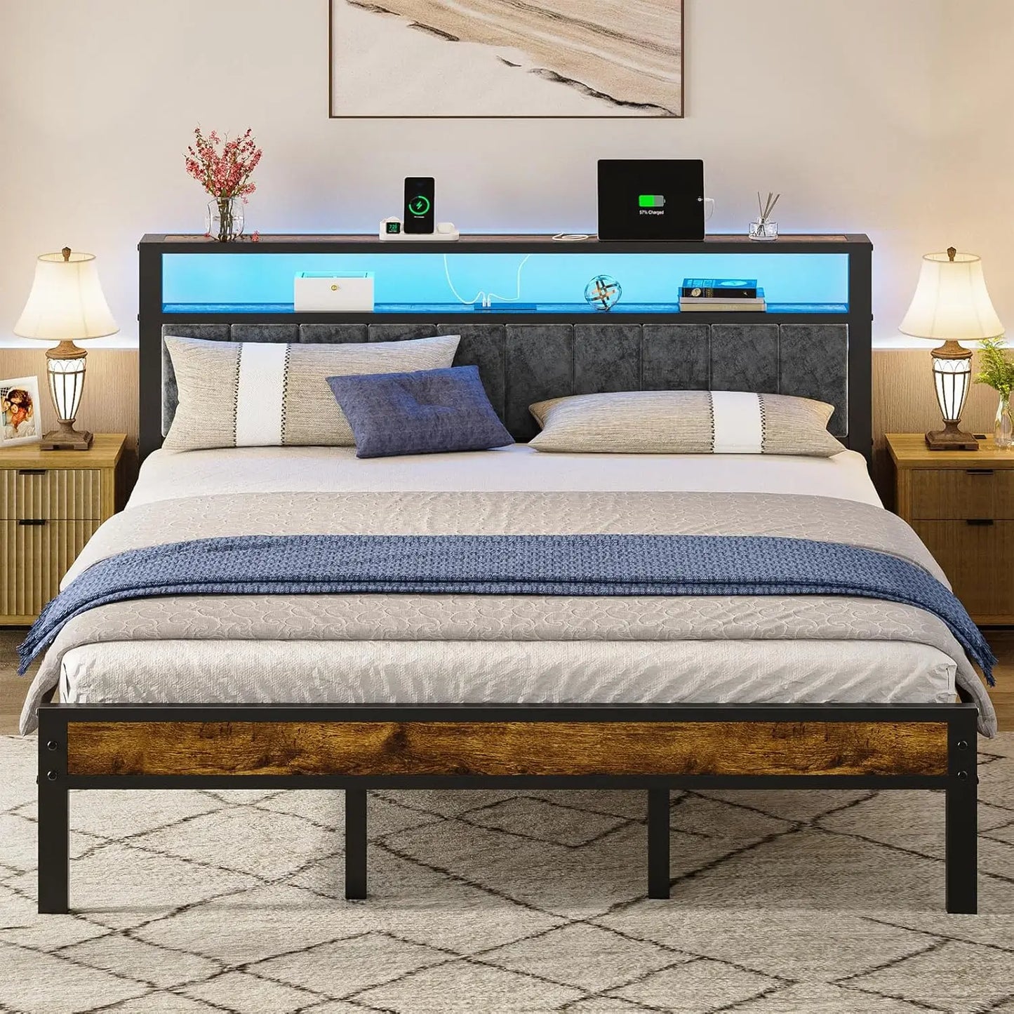 LED Platform Bed Frame With Upholstered Headboard, Storage, Charging Station