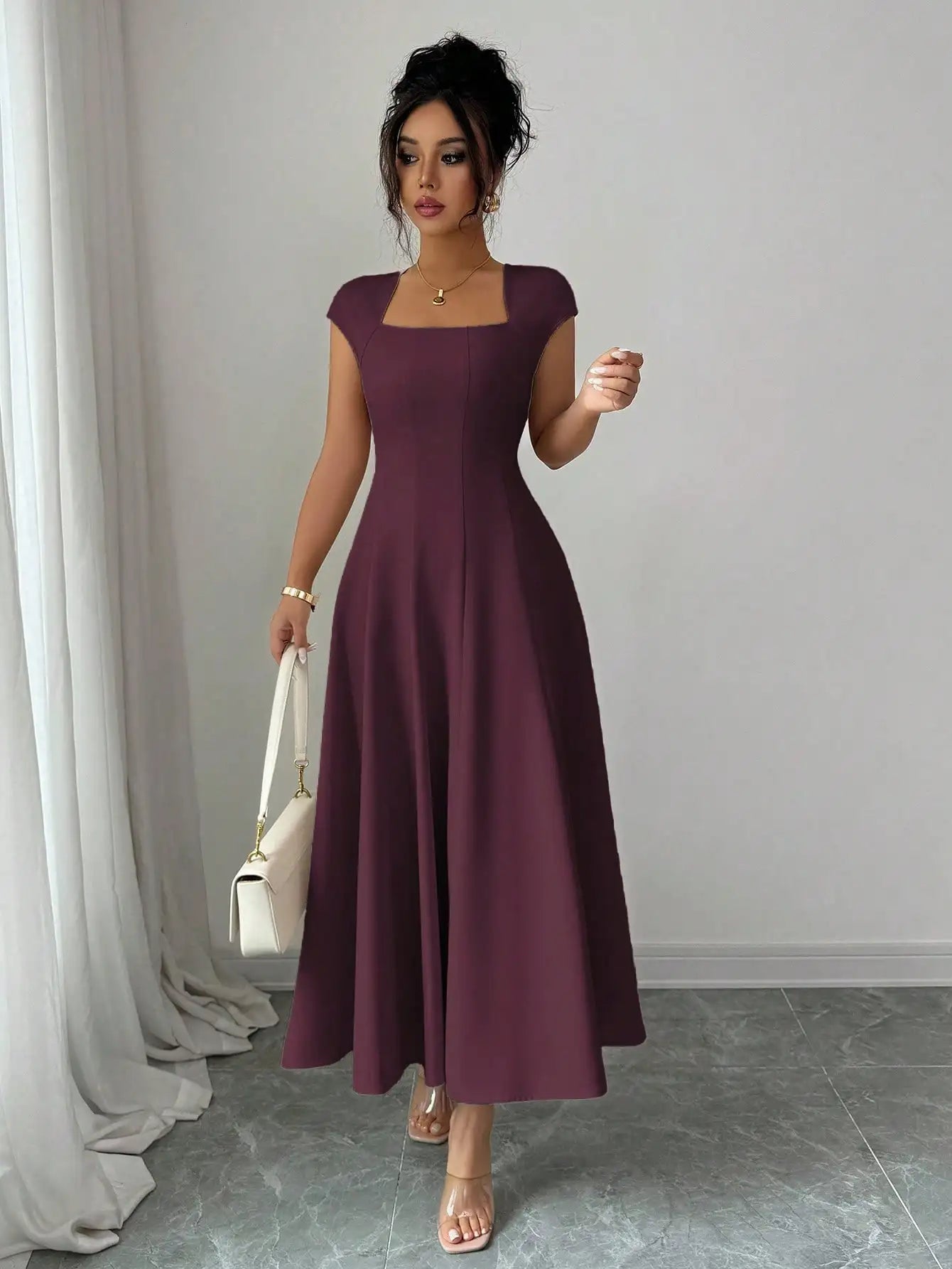 Elegant Square Neck A Line Midi Dress For Spring Summer