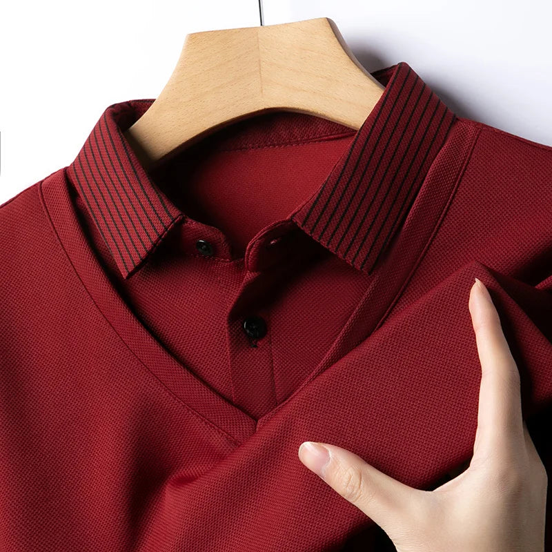 2025 New Men's Casual and Fashionable Long Sleeved Solid Color Fake Two-piece Polo Shirt Business All Season Versatile Top