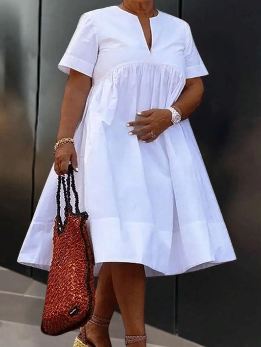 White Plus Size A-Line Knee Length Dress with Notch Neck and Short Sleeves