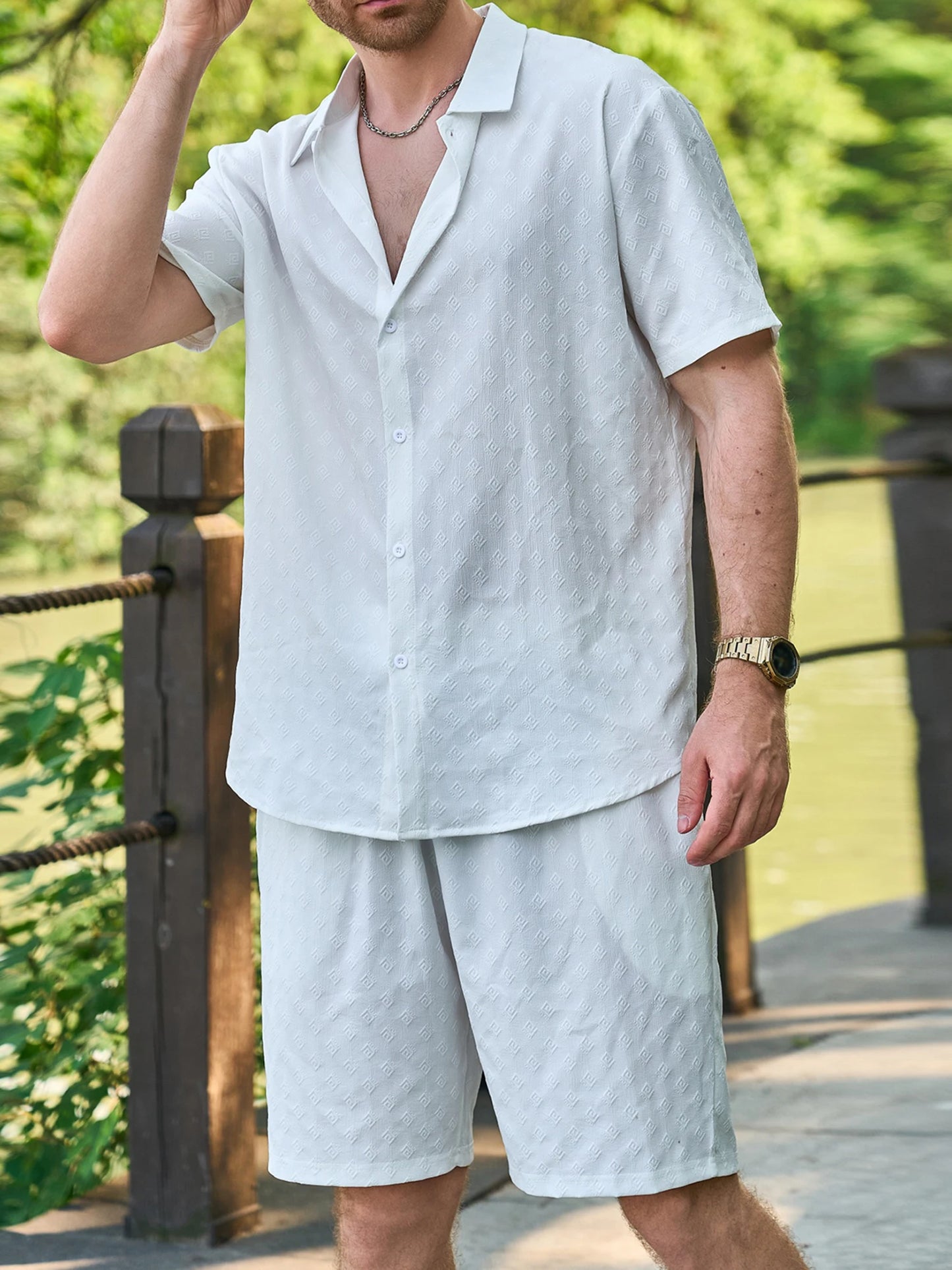 Casual Men s Summer Outfit Stylish Solid Color Jacquard Short Sleeve Shirt and Elastic Beach Shorts for Streetwear Fashion