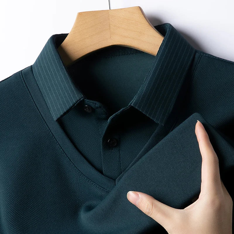 2025 New Men's Casual and Fashionable Long Sleeved Solid Color Fake Two-piece Polo Shirt Business All Season Versatile Top