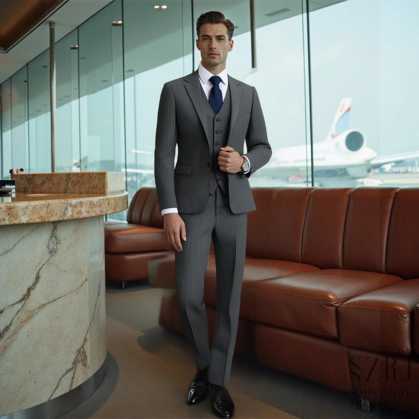Men's three piece vertical striped gray suit - double button jacket+vest+pants, suitable for wedding/business/daily wear