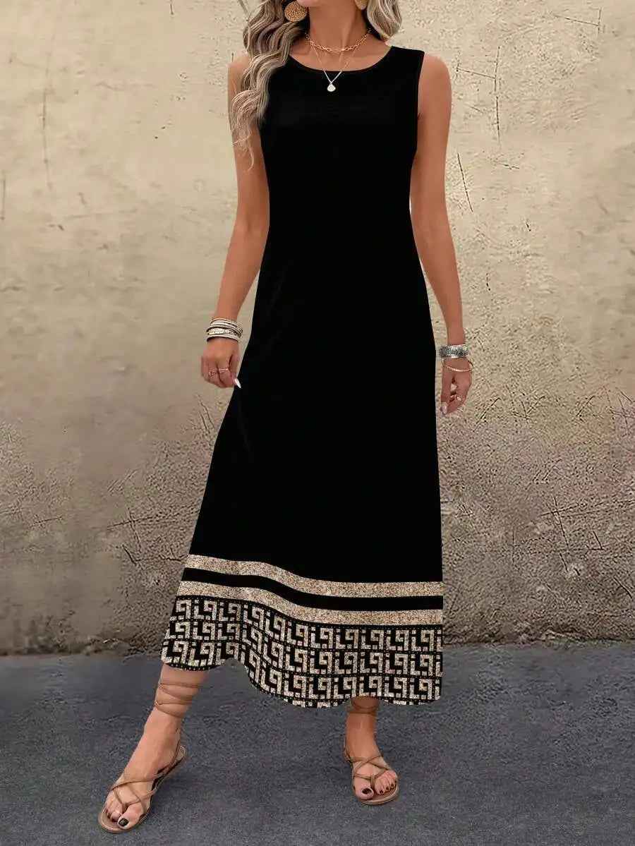 Black Sleeveless Midi Dress with Geometric Print Hem, Loose Fit for Summer Casual Wear