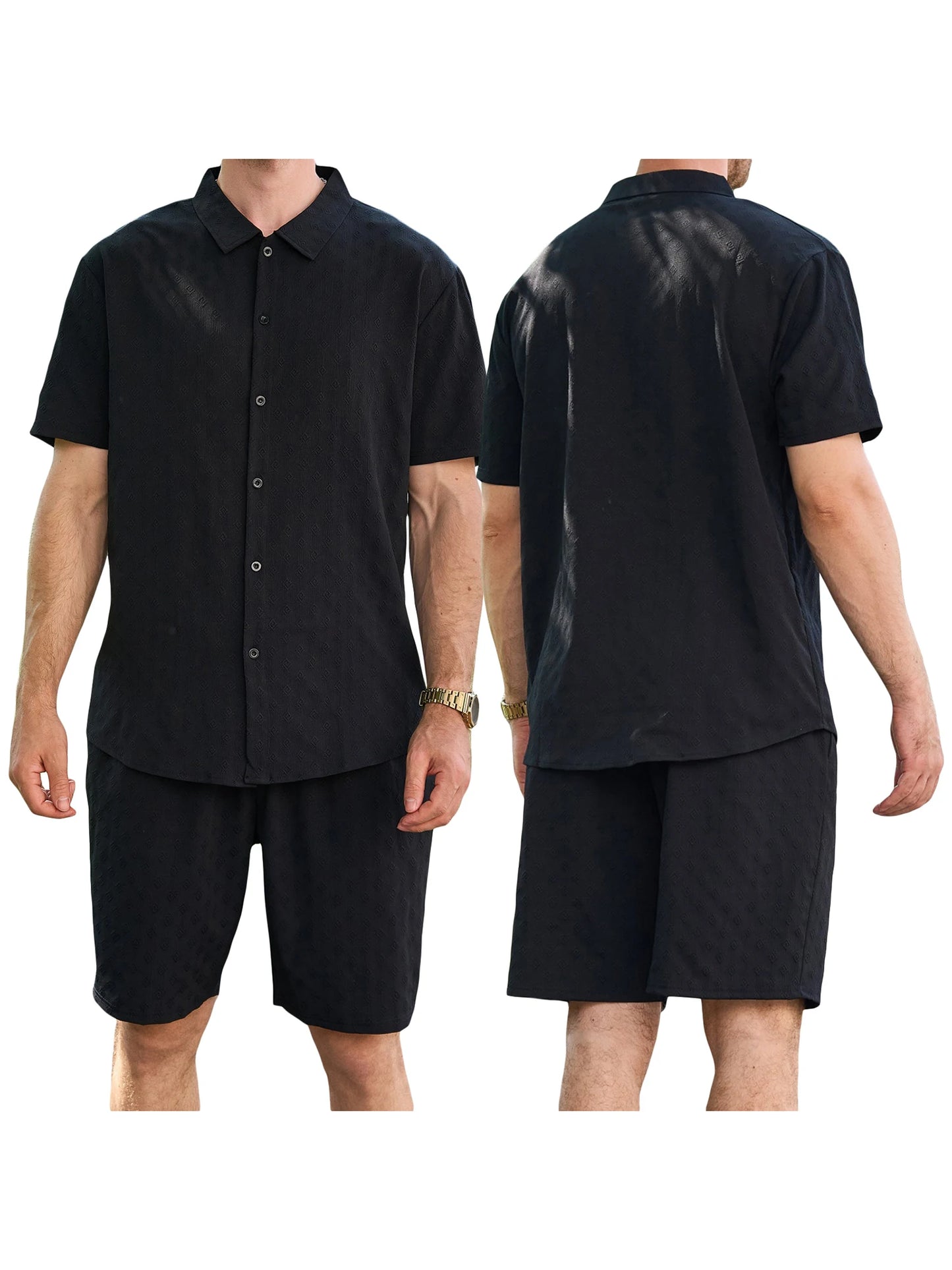 Casual Men s Summer Outfit Stylish Solid Color Jacquard Short Sleeve Shirt and Elastic Beach Shorts for Streetwear Fashion